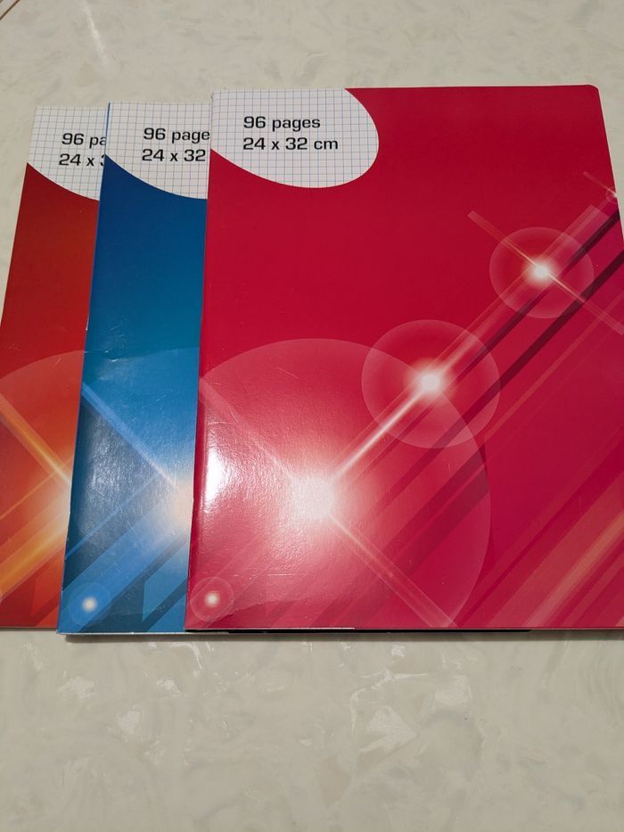 Lot de 3 cahiers 96 pages, petits carreaux. Taille : 24x32 cm.