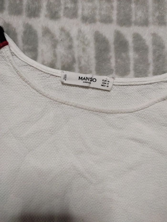Blouse tee-shirt manches 3/4 évasées blanc a bandes Mango taille 38 - photo numéro 3