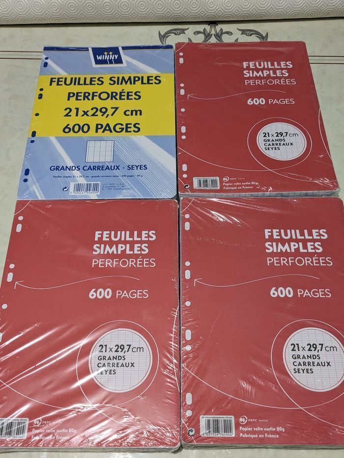 Lot de 4 paquets de feuilles simples perforées. Taille 21x 29,7 cm - photo numéro 1