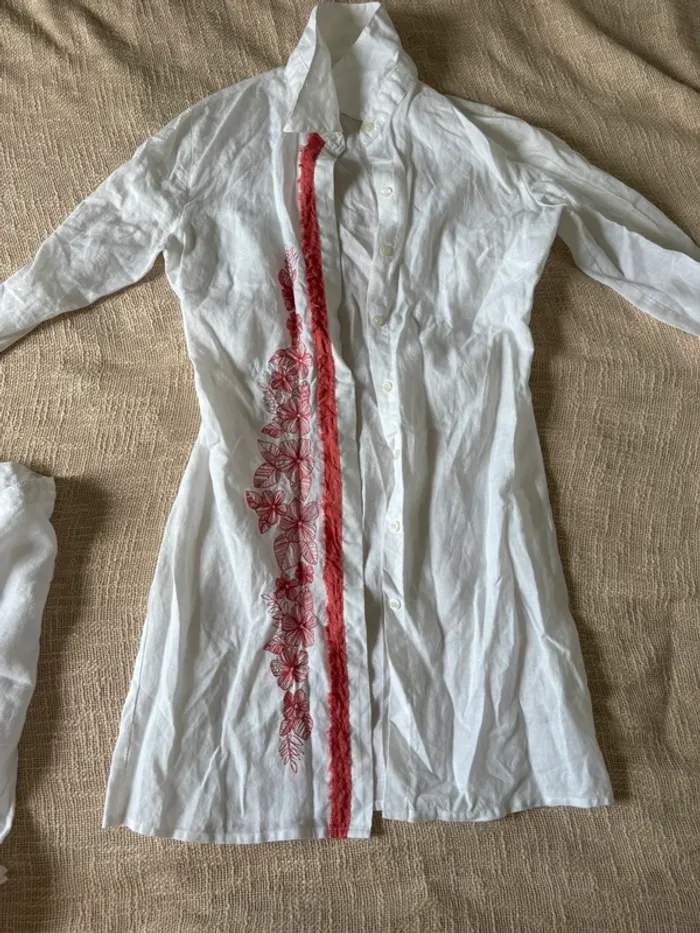 Lot Naf Naf Pantalon lin blanc chemise longue blanche et orange – Taille 38 - photo numéro 3
