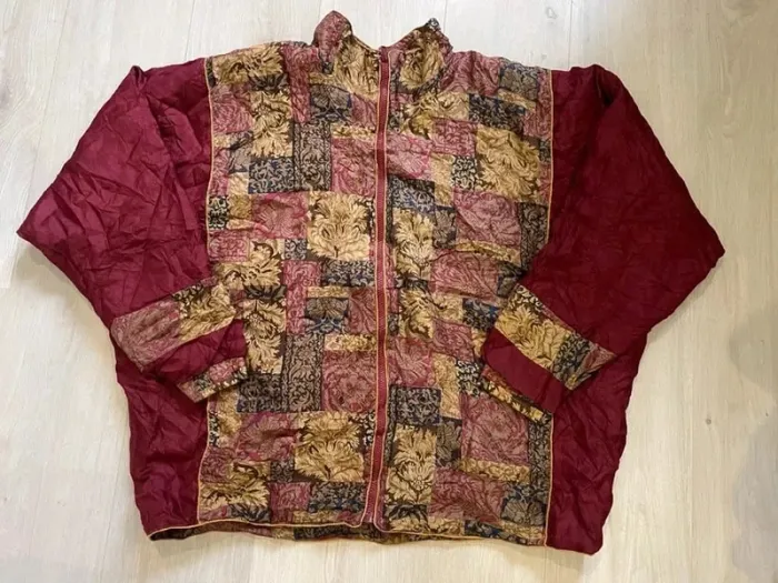 100% Silk Jacket vintage burgundy patchwork style Womens XXL - photo numéro 4