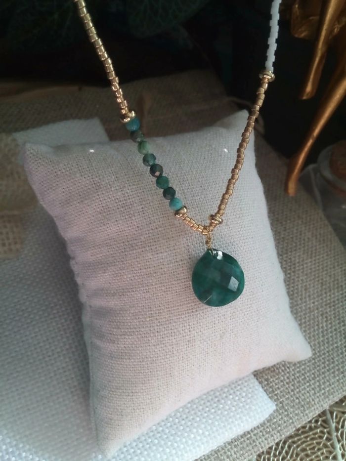 Collier pierres d'émeraude et chrisocole naturelles - photo numéro 2