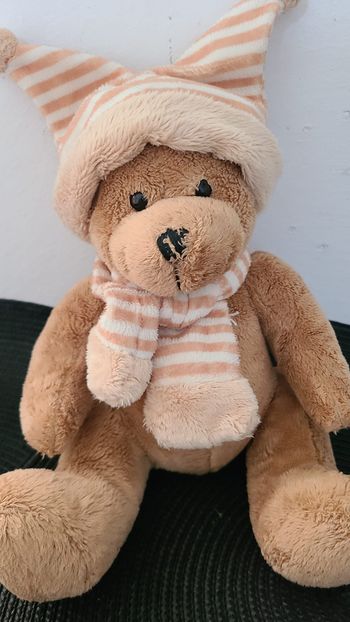 DOUDOU PELUCHE AFIBEL OURS bonnet 2 pointes écharpe rayé marron beige 28cm