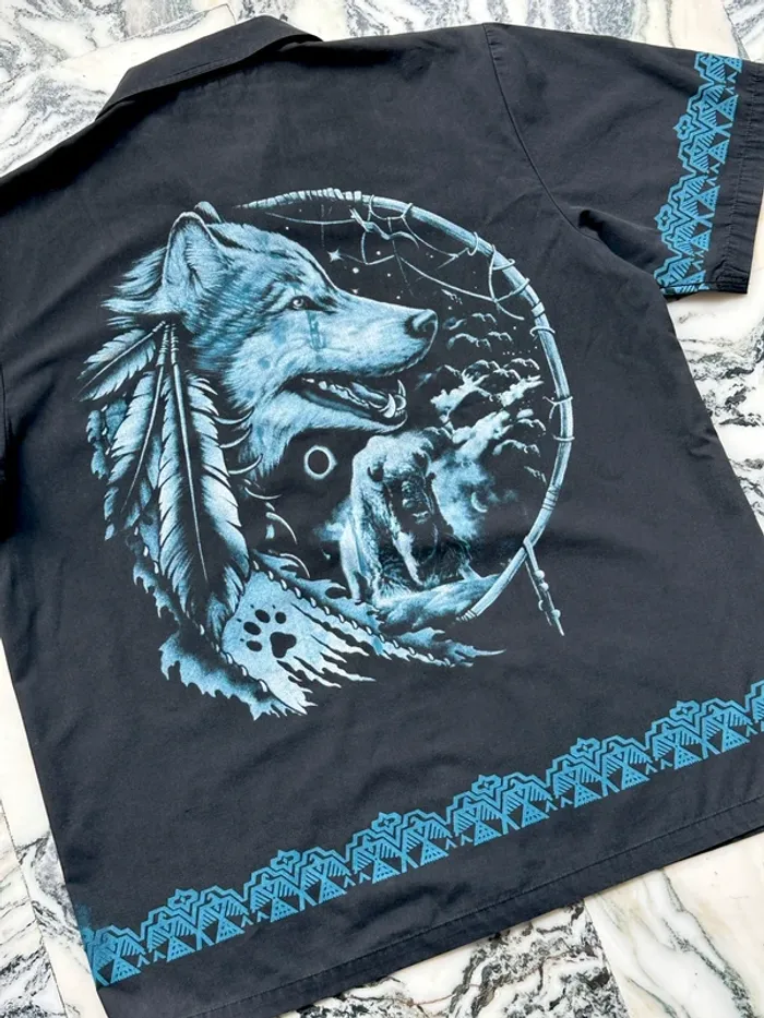 Chemise vintage à motifs loup noire et bleu taille XL - photo numéro 8