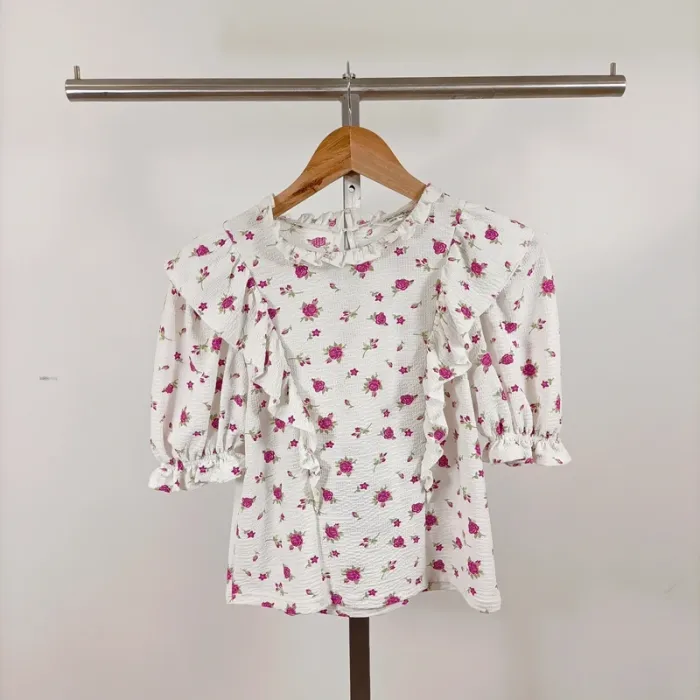 Blouse Miss Selfridge fleurs roses volantée manches bouffantes romantique T38 EUR/UK10 A1104