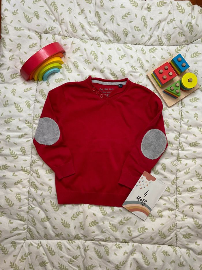 pull léger col V rouge et gris 4 ans pick ouic