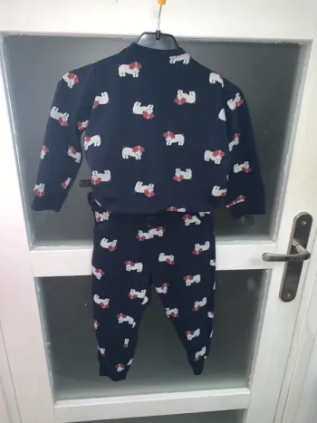 Ensemble 3 ans bleu motif chiens blancs et rouges