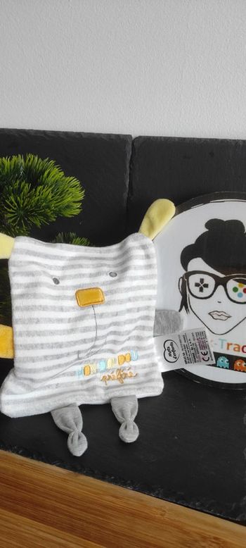 chien rayé gris blanc Mon doudou préféré mots d'enfants rayures Ours Lapin Jaune carré plat bleu