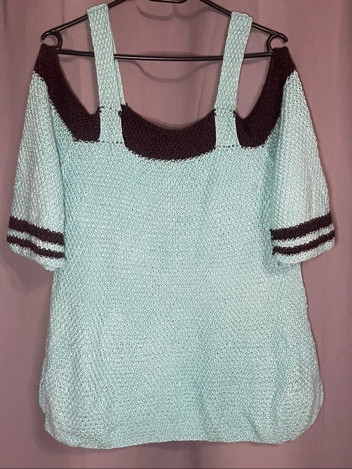 Pull en laine menthe et marron manches 3/4 - photo numéro 2