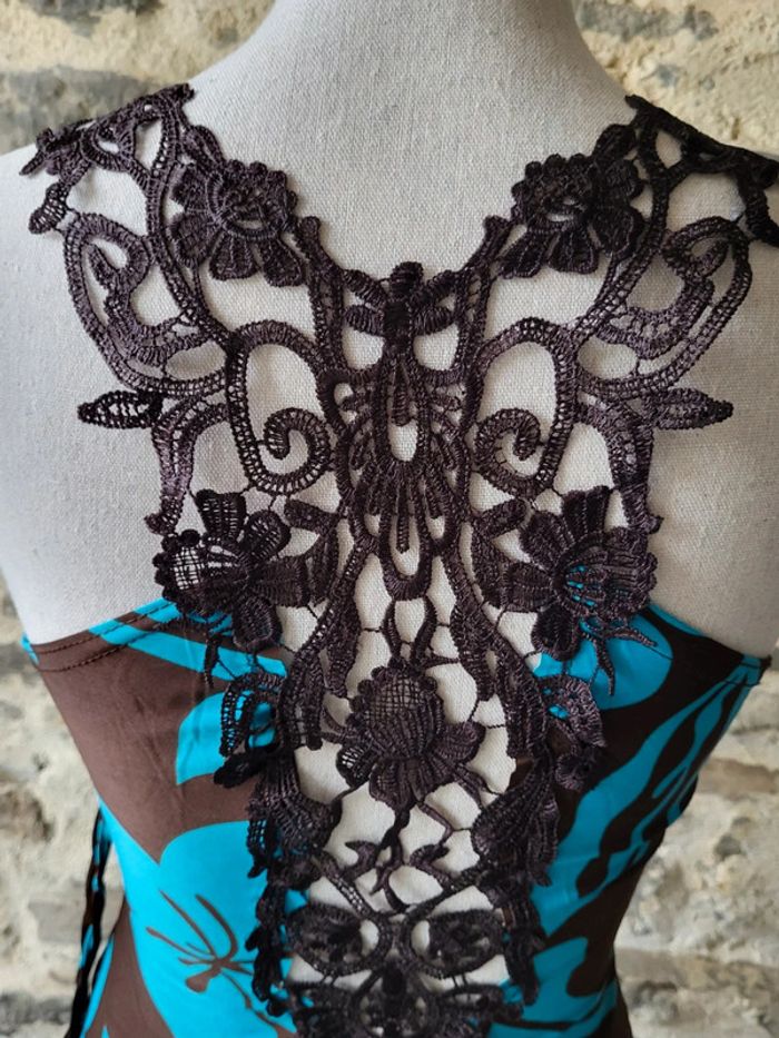 Robe longue d'été à fleurs hawaïennes turquoise marron dentelle au dos La Redoute Taille 36/38 - photo numéro 4