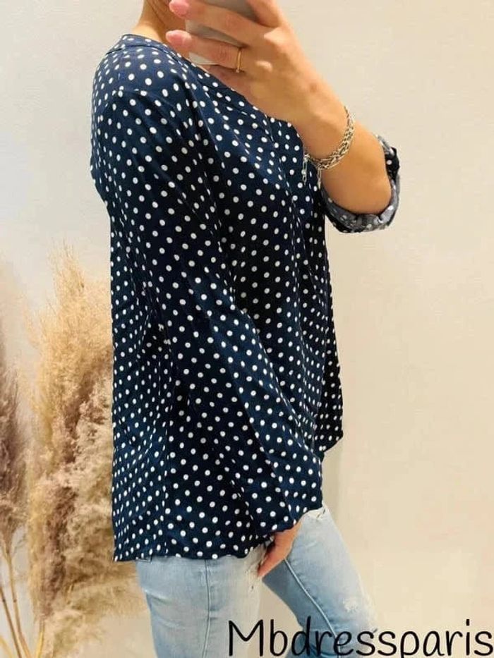 Jolie Blouse femme manches longues marine pois blanc T40 - photo numéro 2