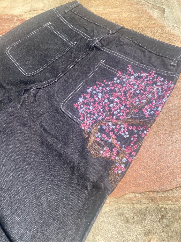 Jean Noir Ample Y2K Vintage Fleurs Roses de cerisiers Taille M et L dispo ! - photo numéro 4