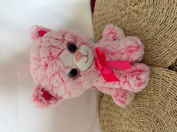 doudou chat rose gros yeux