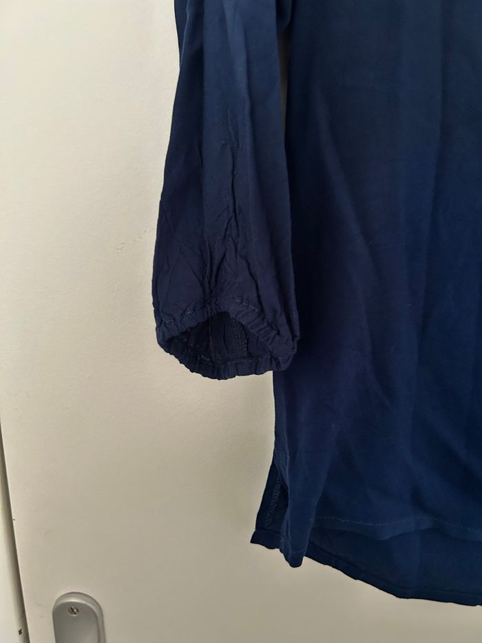 Blouse légère bleu marine manches 3/4  noeud ficelle pompon au col Gemo 40 - photo numéro 2