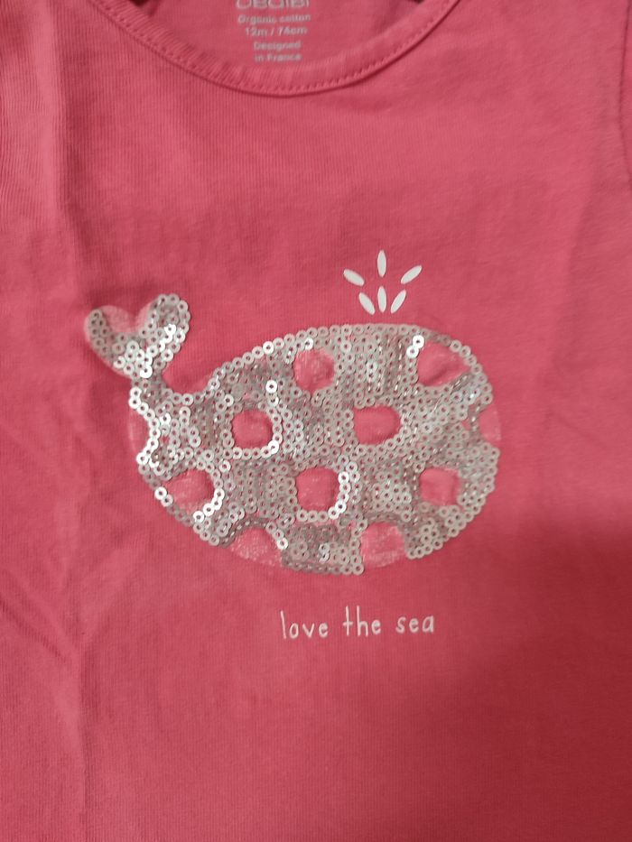 Tee-shirt manches courtes - Baleine à paillettes - 12 mois - Très bon état - Obaïbi - photo numéro 3