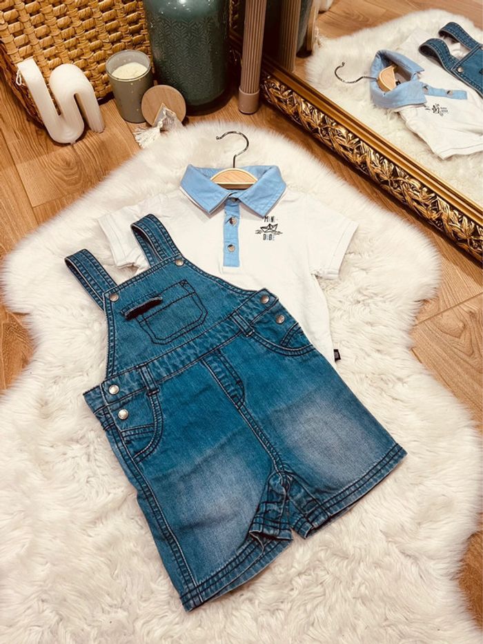 Taille 18 mois ensemble 2 pièces d’été garçon Kiabi bleu jean et Blanc * salopette * 💙