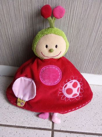Doudou fille réversible, poupée, coccinelle, poupée, fée, rose, vert,  marque lilliputiens, ailles, motif, ronds