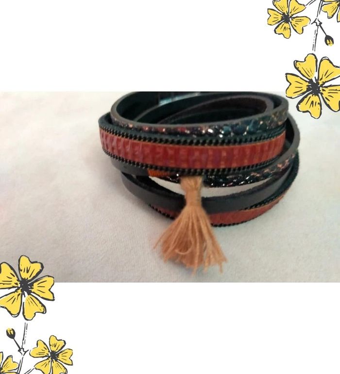 Bracelet multirangs fantaisie – Tons chauds & pampille beige - photo numéro 4
