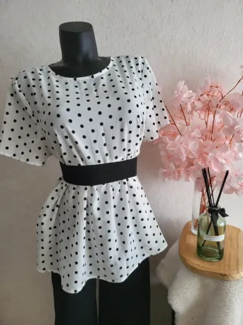 Blouse fluide péplum à pois - blanc noir - taille 50