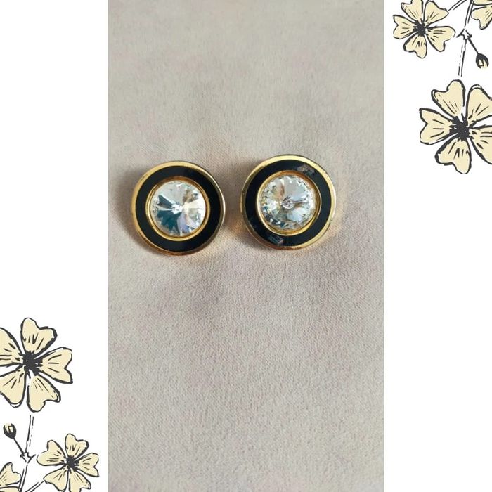 Boucles d’oreilles vintage à clip – Cristal & noir émaillé – Rondes dorées - photo numéro 5