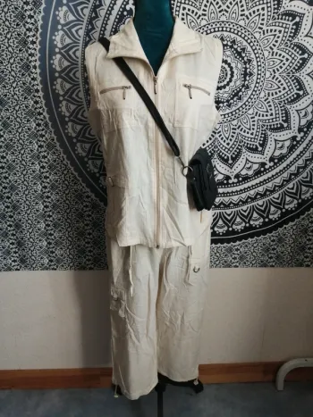Ensemble pantalon et veste sans manches beige en lin / ouqingda / (XL)
