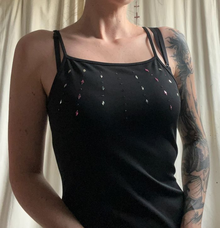 Robe longue fendue dos nu strass vintage Coquette Goth 90s - Taille S - photo numéro 3