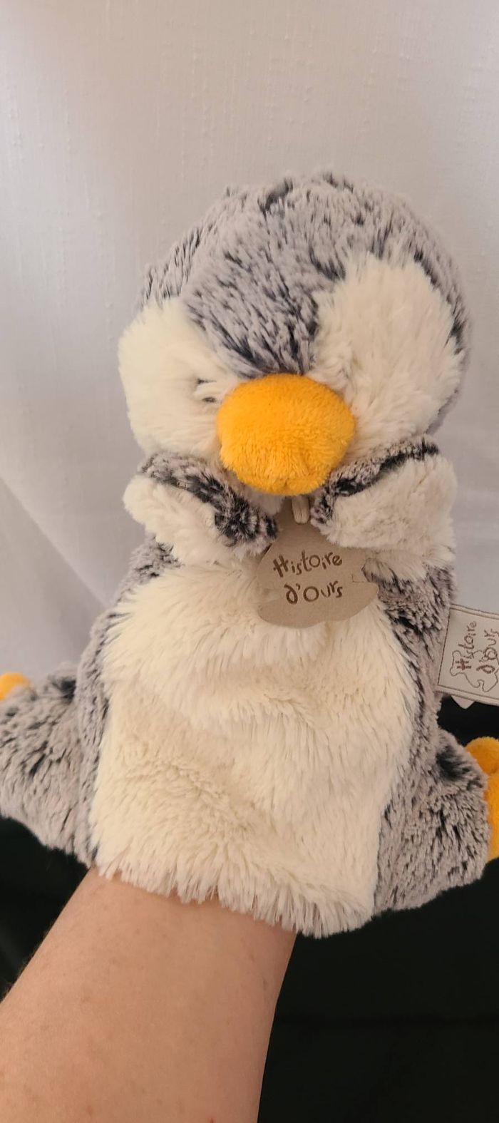 Peluche marionnette doudou Pingouin gris blanc HISTOIRE D ours - photo numéro 2