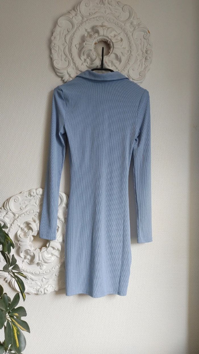 Robe chemise manches longues moulante côtelé bleu - photo numéro 7