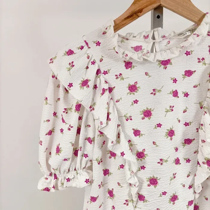 Blouse Miss Selfridge fleurs roses volantée manches bouffantes romantique T38 EUR/UK10 A1104 - photo numéro 4
