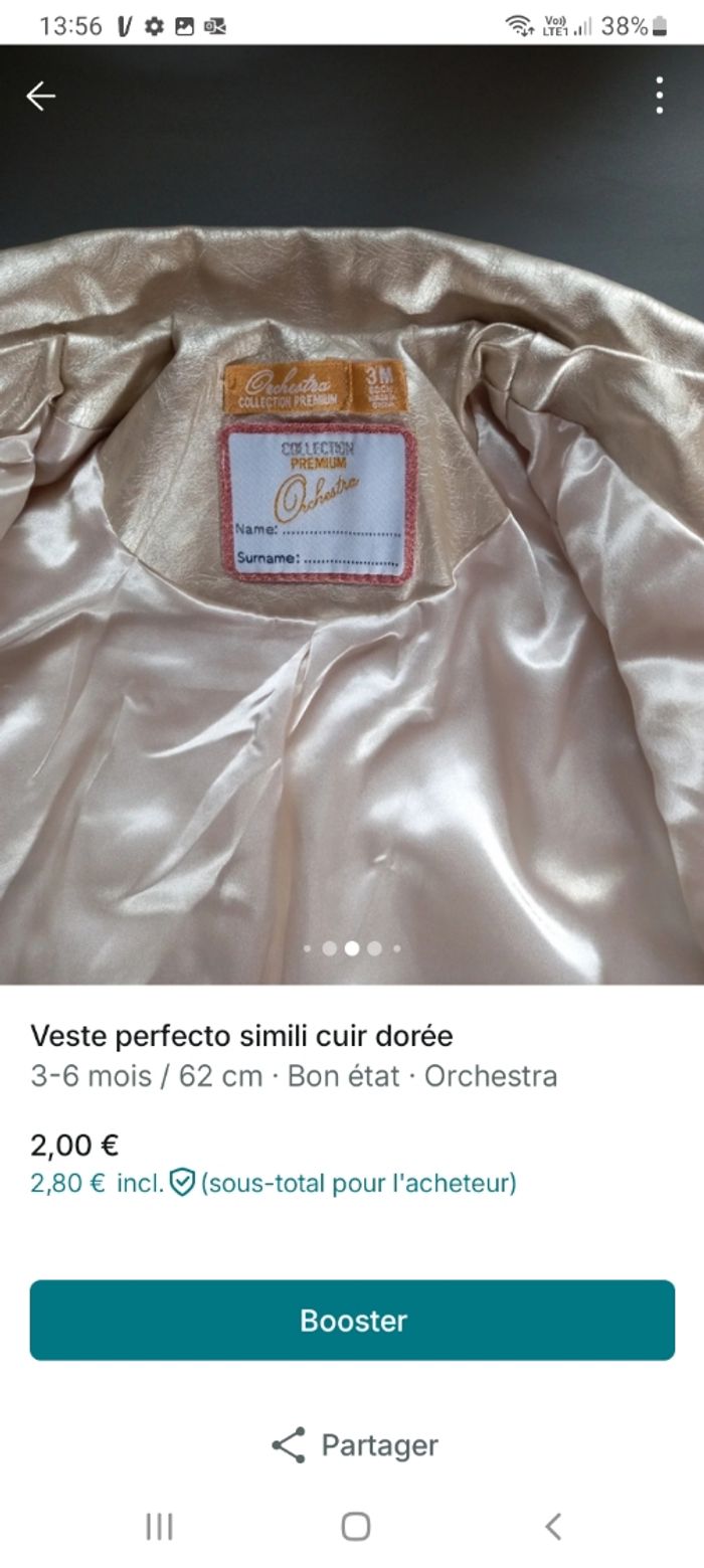 Veste perfecto dorée 3 mois - photo numéro 3