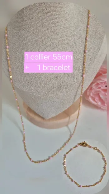 Parure de 2 bijoux : en acier inoxydable collier long et bracelet perles rose clair