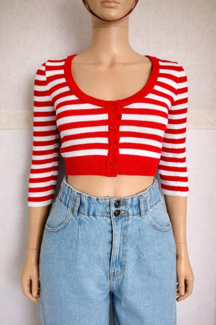 Petit cardigan cropped rayé rouge et blanc XS/S N*402