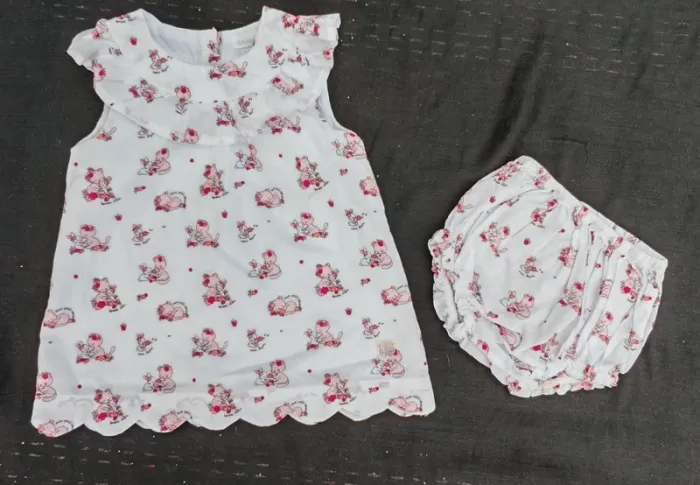 Ensemble fille robe et culotte chatons lapins 50 cm