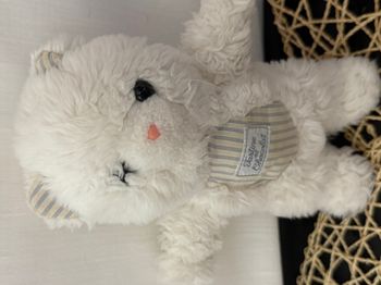 Doudou ours en peluche vintage tartine et chocolat blanc et bleu tissu rayé
