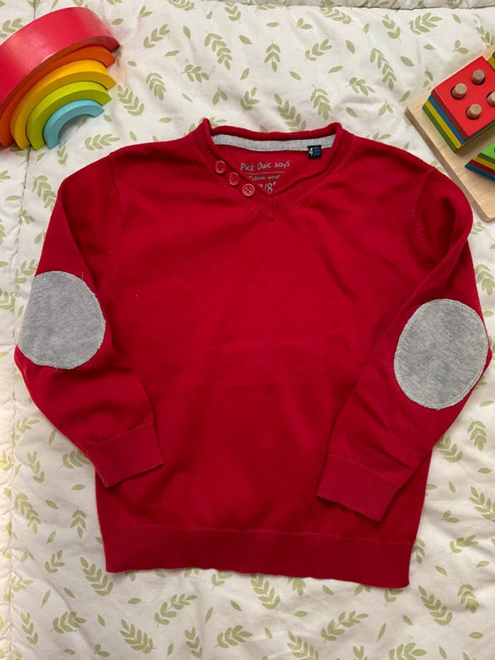 pull léger col V rouge et gris 4 ans pick ouic - photo numéro 3