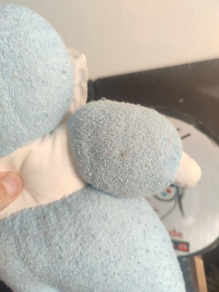 Ancien doudou poupée chiffon tissu bleu blanc mundia chat éponge Noeud Peluche - photo numéro 4
