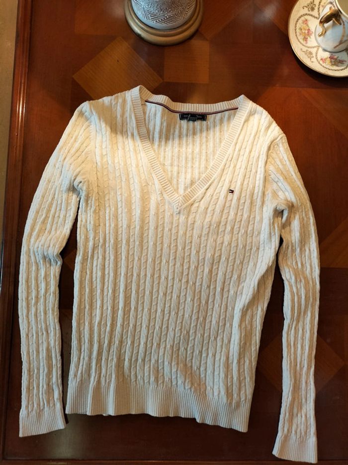 Pull blanc-crème, col V en laine torsadée - photo numéro 2