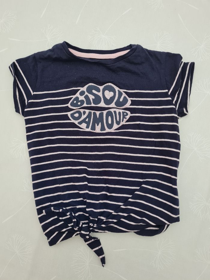 T shirt marine rayé rose noué