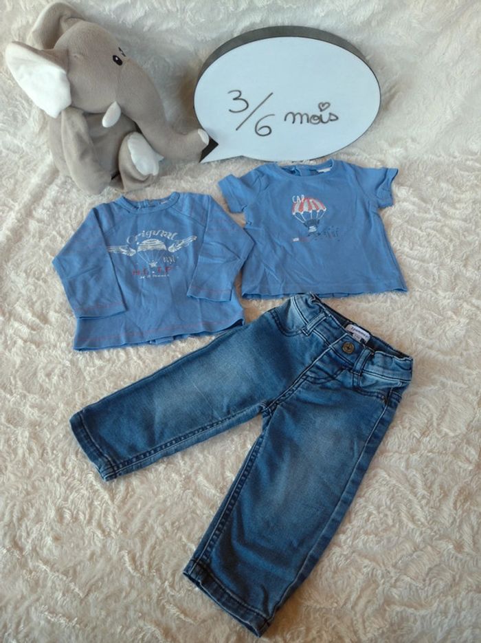 Ensembles (2 tee shirt manches longues et courtes +pantalon jeans) Garçon 3/6 mois
