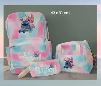 🎒Ensemble scolaire Sac à Dos, Lunchbox et Trousse Stitch & Angel rose et bleu