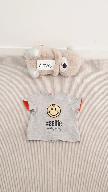 Tee shirt à manches courtes bébé garçon gris smiley taille 1 mois
