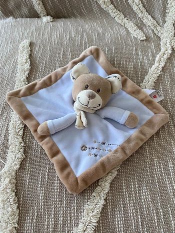 Peluche doudou plat 22cm Nicotoy ours bleu et marron parfait état