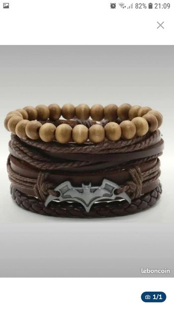 Bracelet noir en cuir Batman chauve-souris  Homme Femme Neuf
