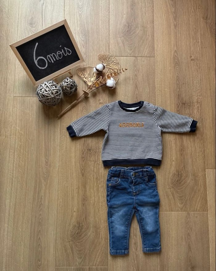 Ensemble TAO 6 mois – sweat rayé “Adorable” + jean bleu
