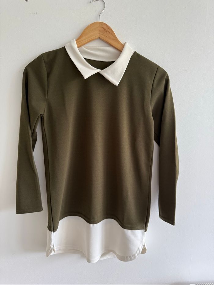 Blouse manches longues kaki blanc taille 36 S - photo numéro 2