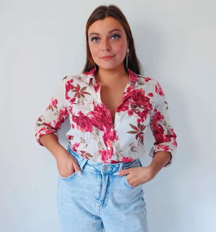 Chemise légère en coton blanche à fleurs roses Jacqueline Riu Taille 38 - photo numéro 2