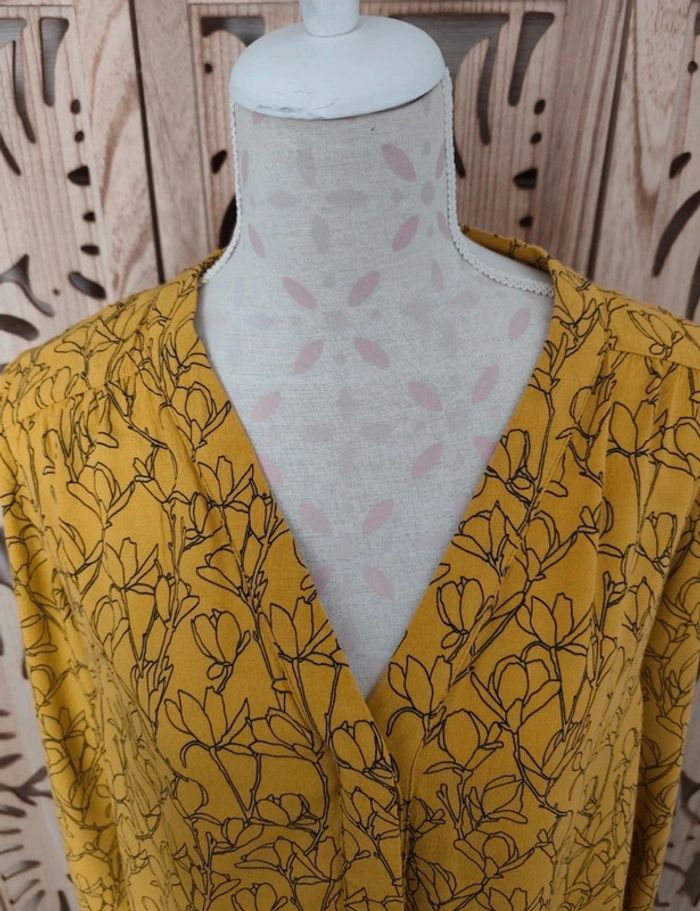 Chemisier fluide jaune moutarde - Motif floral noir - Taille 40/42 Camaïeu - photo numéro 3