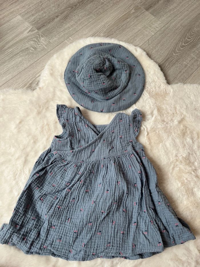 Ensemble chapeau robe gaz coton 9-12 mois bébé fille
