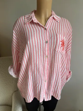 Chemise rayée rose corail et blanc avec palmier 100% coton taille unique
