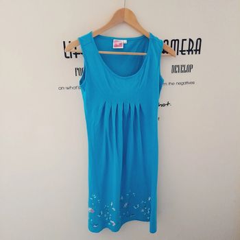 Robe bleu turquoise mı-longue coton imprimé printanier taille 38/40 neuve